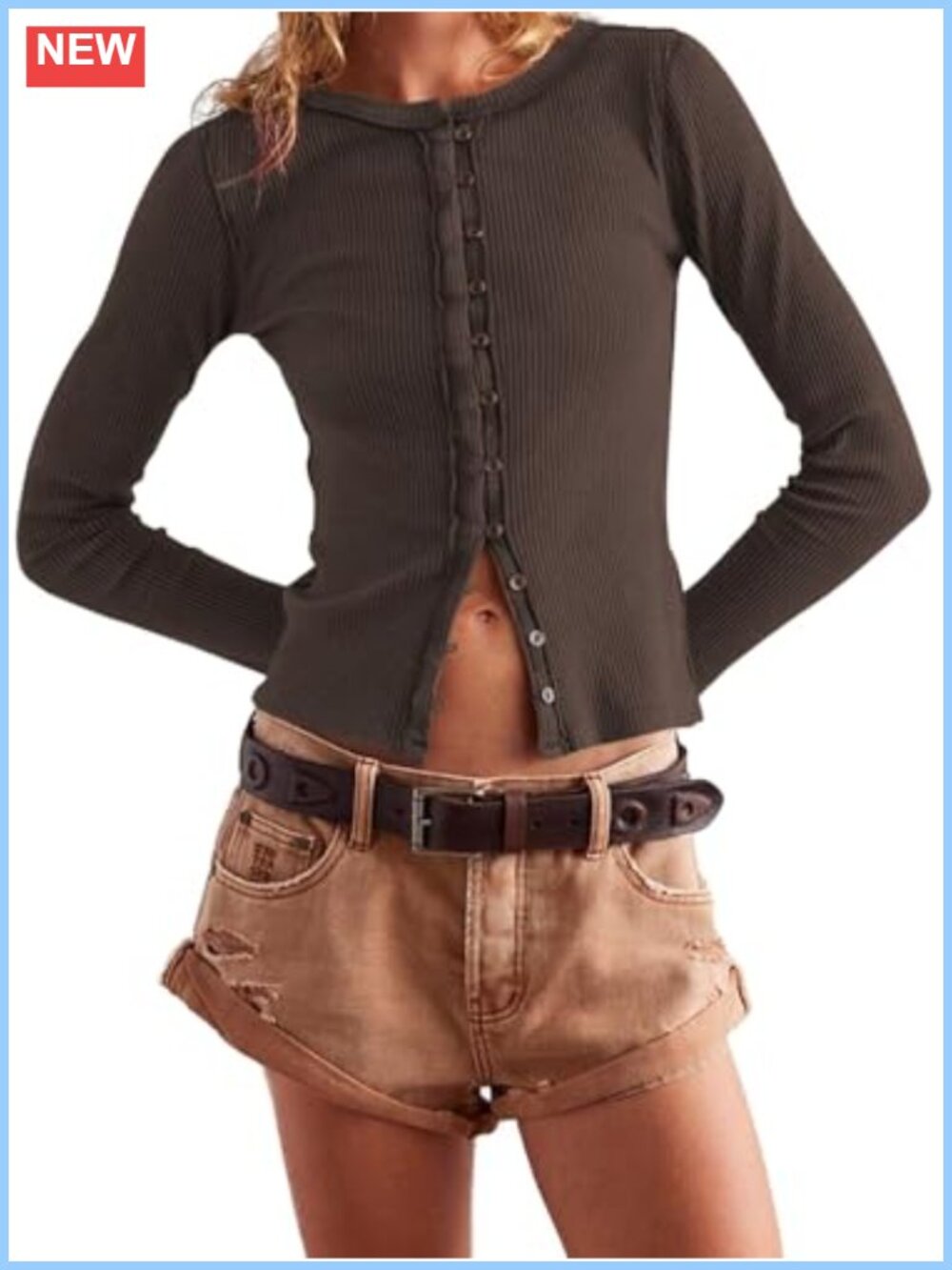 Women Fitted Ribbed Knit Button Down Cardigan Long Sleeve Top